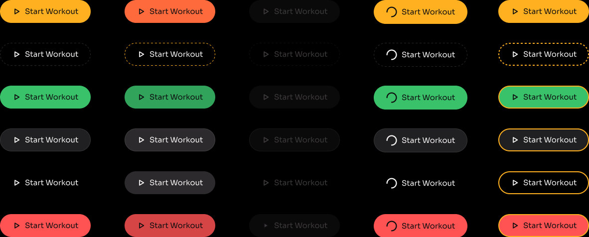 The Button States component set in Figma: a grid of Start Workout buttons, six rows by five columns. Rows are the tones — amber primary, dashed-outline dotted, green alternative, grey secondary, unfilled ghost and red danger. Columns are the states — default, pressed, disabled, loading with a spinner in place of the play glyph, and focused with an amber focus ring.