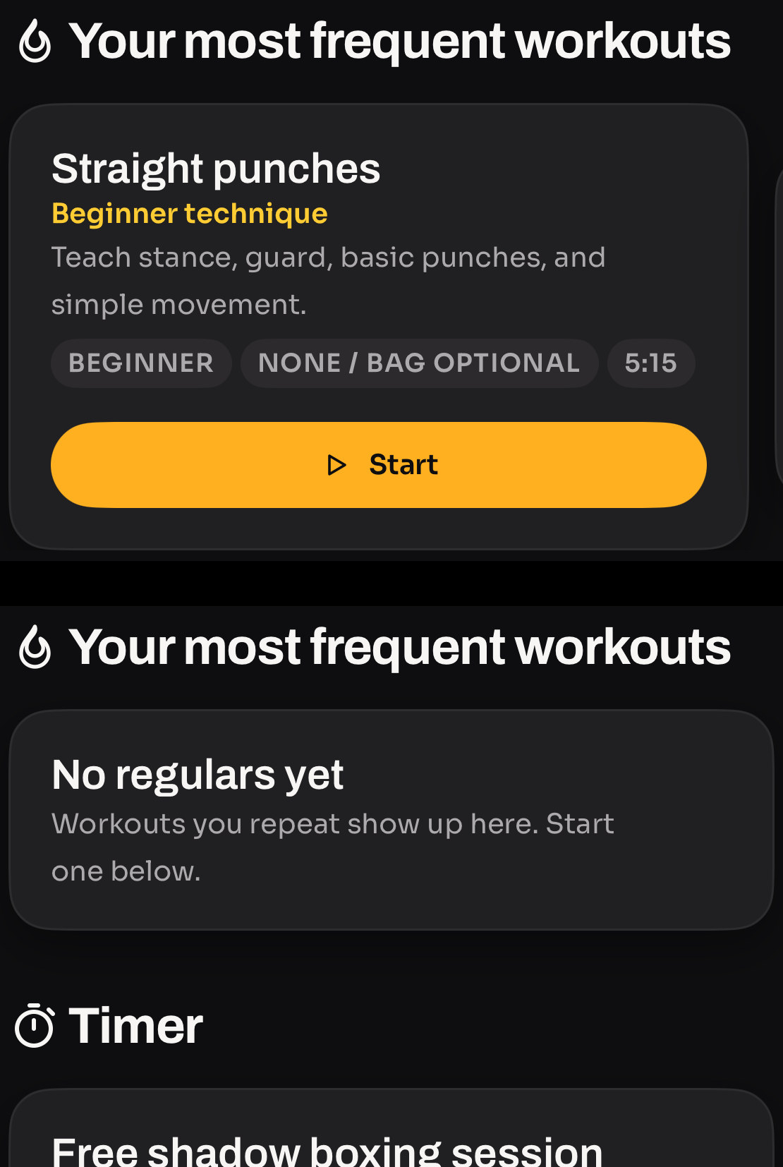 The same section of the Home screen twice. Above, the populated state: a card titled Straight punches with an amber Beginner technique caption, a two-line description, three badges and an amber Start button. Below, the empty state: the same card shape, at a third of the height, reading No regulars yet with the line Workouts you repeat show up here. Start one below — and no button.