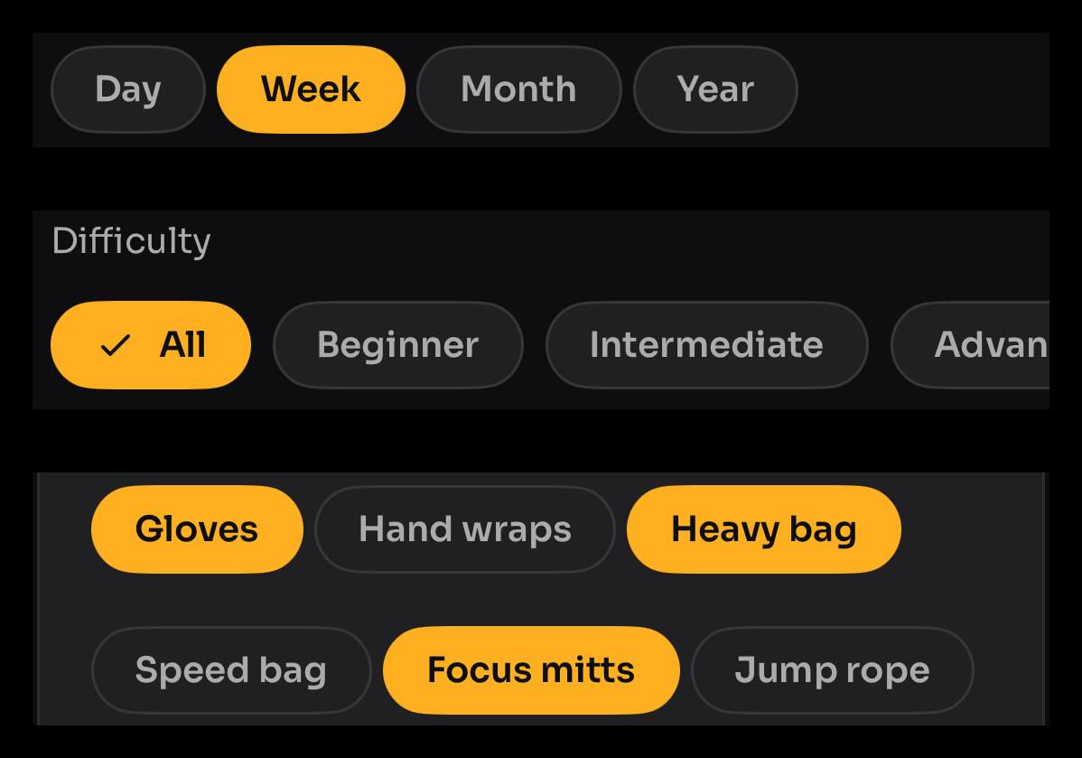 Three details from the running app, stacked. Top, a Day / Week / Month / Year row with Week filled amber. Middle, under a Difficulty label, a row reading All — filled amber with a check glyph — then Beginner, Intermediate and a partly visible Advanced. Bottom, on a card surface, two rows of equipment chips with Gloves, Heavy bag and Focus mitts filled amber and Hand wraps, Speed bag and Jump rope unfilled.