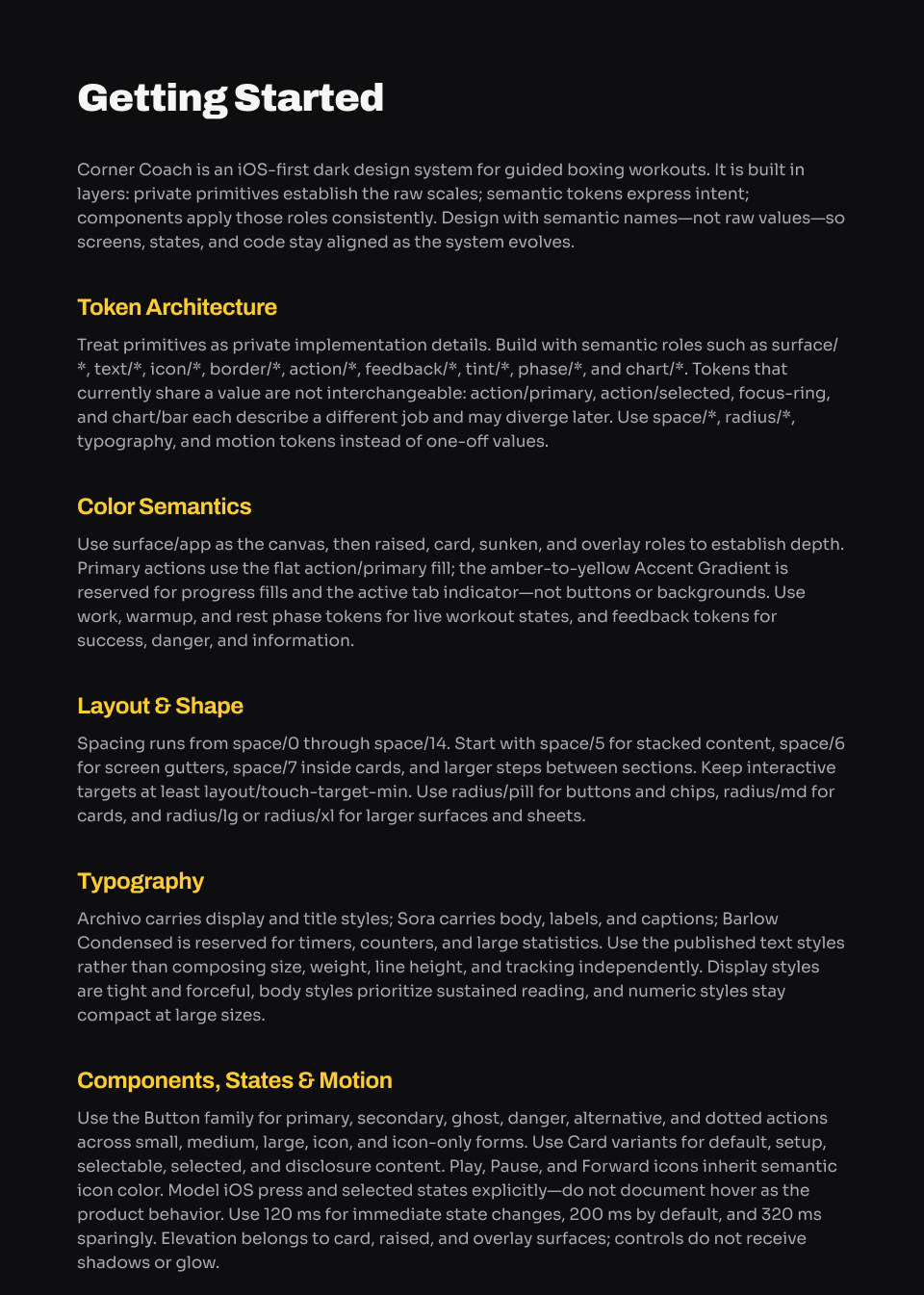 The Getting Started page of the Corner Coach Figma library. Under the title, a paragraph describing an iOS-first dark design system built in layers, followed by sections in amber headings: Token Architecture, on treating primitives as private and building with semantic roles; Color Semantics, on surface roles and the reservation of the accent gradient; Layout & Shape, on the space scale and the radius set; Typography, on Archivo, Sora and Barlow Condensed; and Components, States & Motion, on the button family, the three motion durations, and elevation belonging to surfaces.