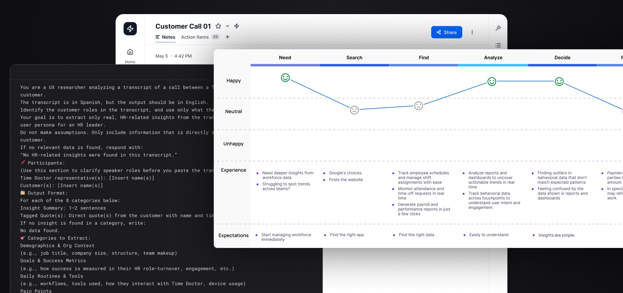 The same extraction prompt behind a finished journey map: stages Need, Search, Find, Analyze and Decide across the top, an emotion line rising and falling between Happy, Neutral and Unhappy, and rows below recording the customer's experience and expectations at each stage.